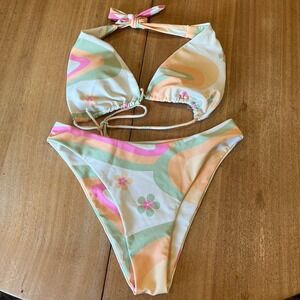 Aurelle Colorful Push Up Underwire Cheeky Bikini Womens M Hippie Beach Swim Suit